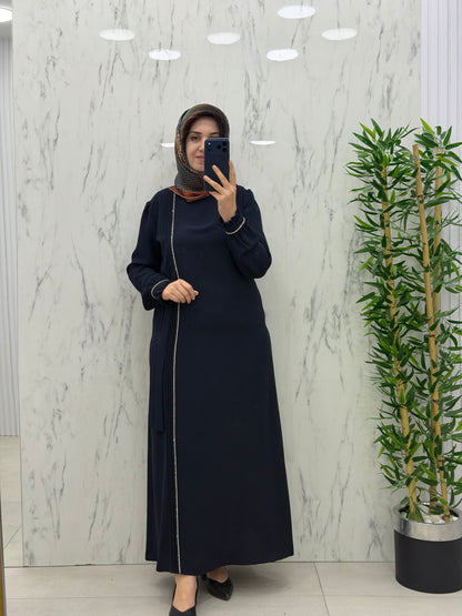 ALESYA YANDAN TAŞ DETAYLI PİLE GEÇİŞLİ ELBİSE