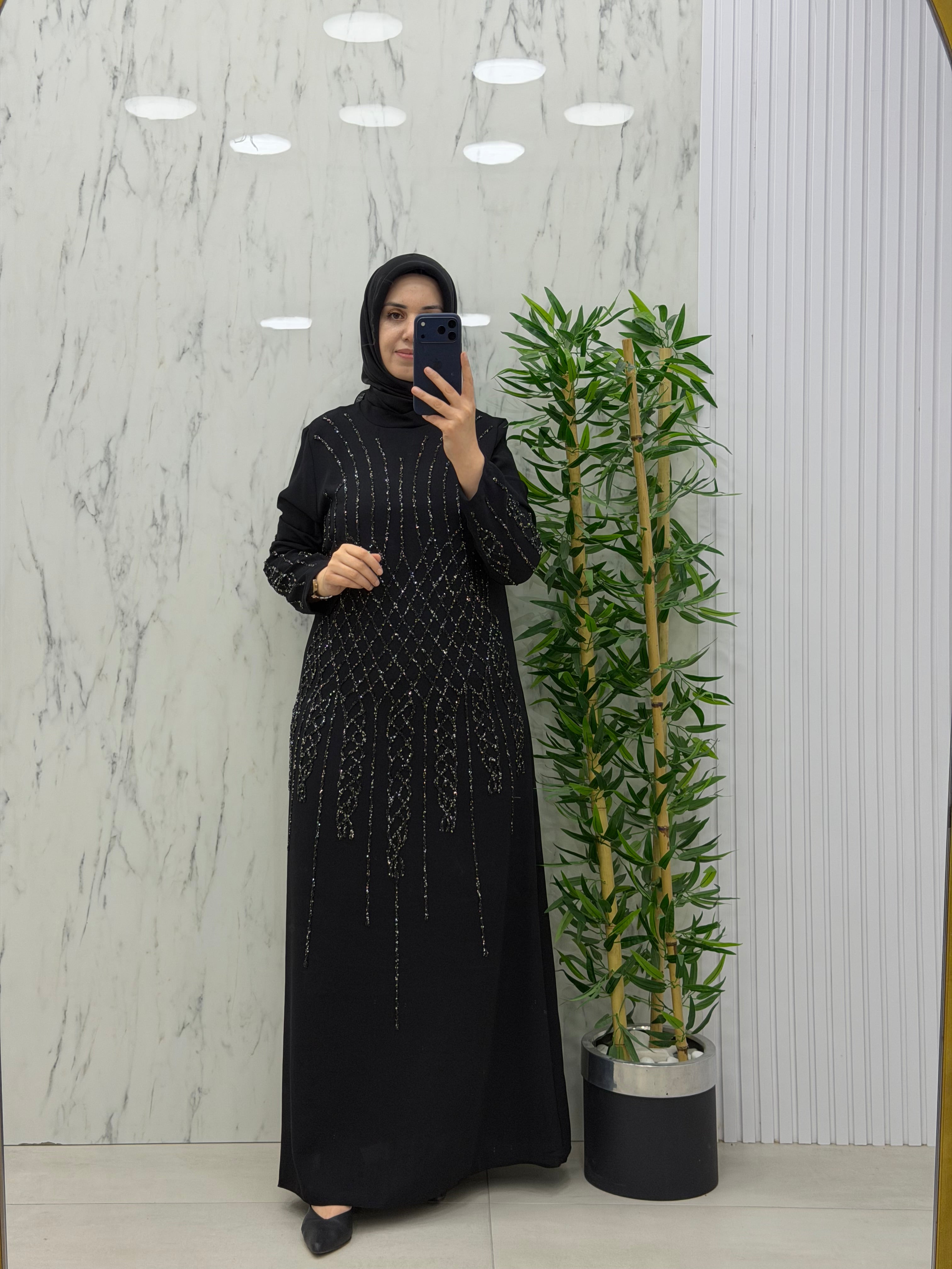 NİHAL BAKLAVA DESEN TAŞLI ELBİSE(7522)