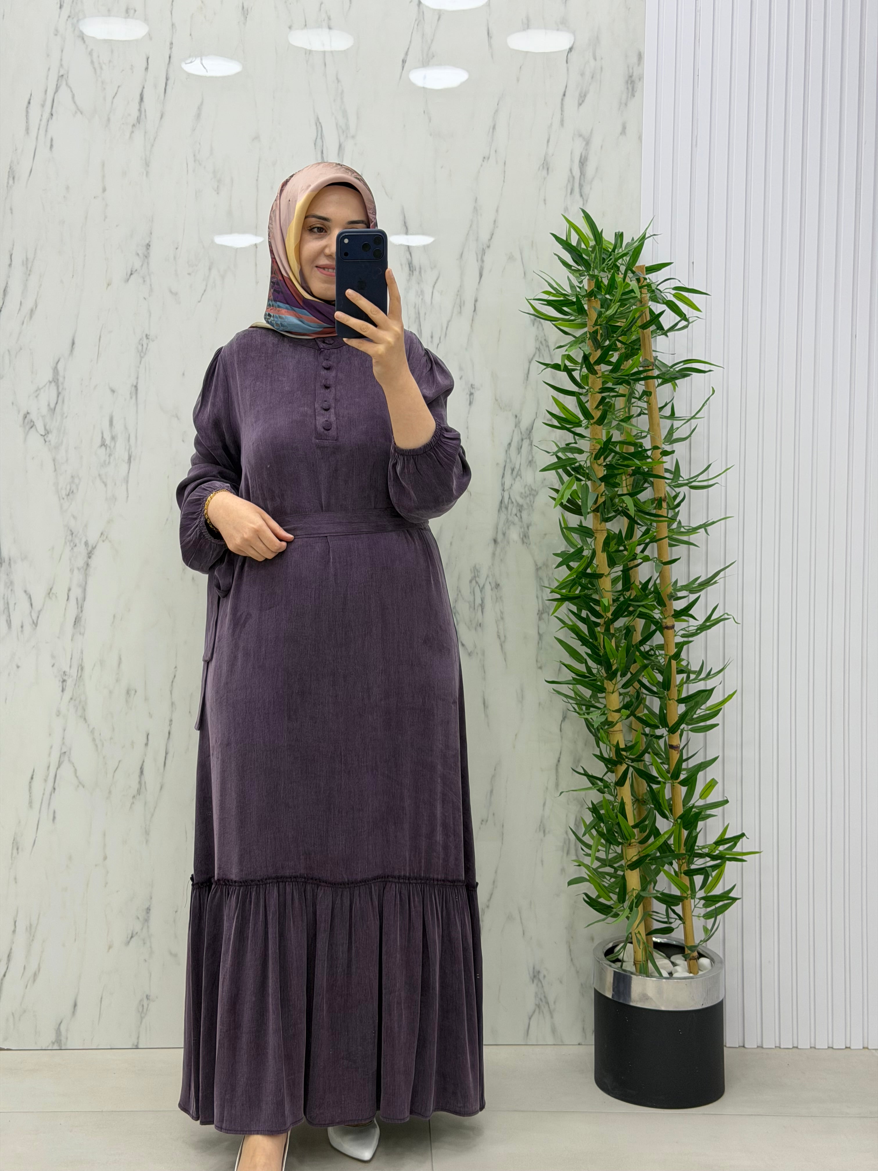 CLEMENCE DÜĞMELİ İPEK KUPRA ELBİSE(5385)