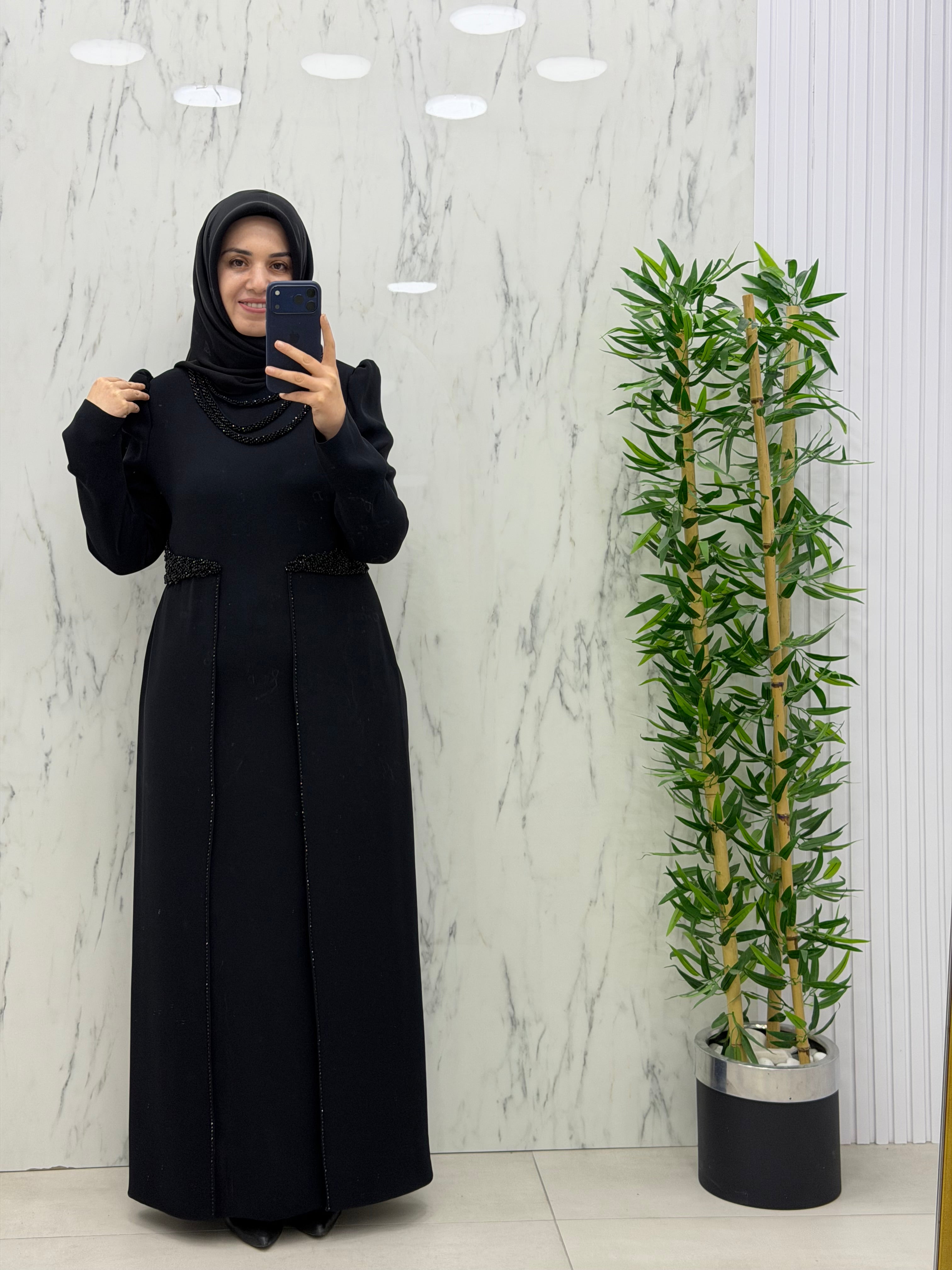 JUKİ MODA YAKA VE BELİ TAŞ İŞLEMELİ ELBİSE(3451)