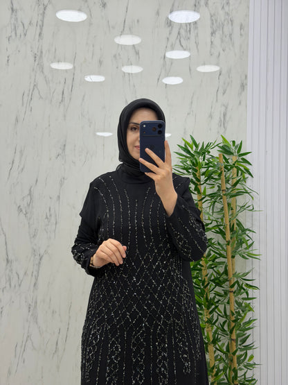 NİHAL BAKLAVA DESEN TAŞLI ELBİSE(7522)