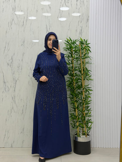 NİHAL BAKLAVA DESEN TAŞLI ELBİSE(7522)